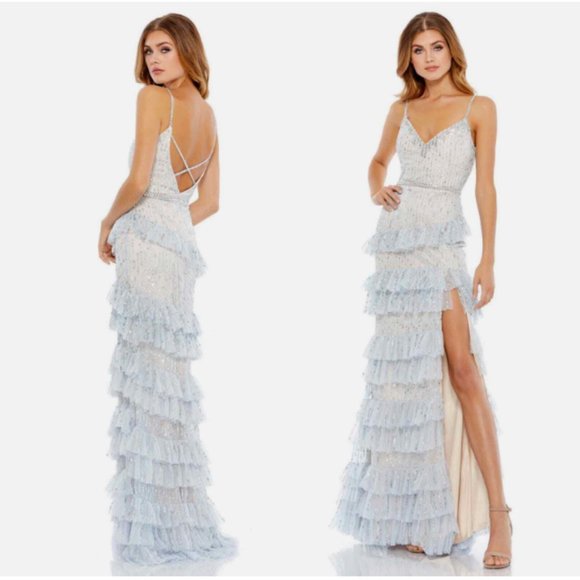 MAC DUGGAL 9116 EMBELLISHED RUFFLE TIERED SLEEVELESS POWDER BLUE GOWN sz 6 - Picture 3 of 3